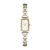 Reloj de pulsera Skagen con caja rectangular de acero inoxidable en tono dorado y esfera blanca minimalista. Presenta una malla metálica de eslabones combinados en plateado y dorado, con mecanismo de cuarzo de dos agujas.