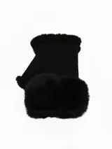 Mitones de gamuza color marrón oscuro, sin dedos, con interior y bordes forrados en piel sintética del mismo tono.