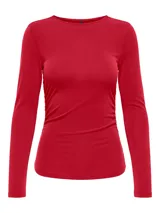 Top de manga larga color gris oscuro, con cuello redondo y diseño ajustado con fruncidos laterales en el cuerpo.