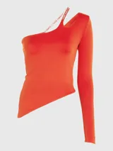 Remera roja de manga larga con corte asimétrico y un solo tirante con logo de Tommy Jeans.