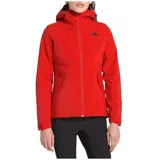 Campera roja con capucha, impermeable y resistente al viento. Tiene cierre frontal con cremallera, bolsillos laterales y logo de la marca en el pecho.