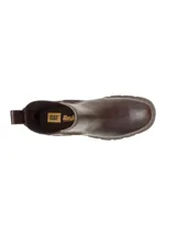 Bota tipo Chelsea de cuero marrón con paneles elásticos laterales, logo de la marca grabado en el talón y suela de goma dentada.