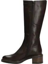 Bota alta de cuero marrón oscuro, modelo Eloise de RKF, con cierre interior, punta semi puntiaguda y taco cuadrado de altura moderada.