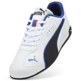Championes Puma modelo BMW MMS Replicatch, color blanco con detalles en negro y azul. Diseño de perfil bajo inspirado en el automovilismo, con el logo de BMW Motorsport y el logo de Puma en el lateral.