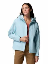 Campera impermeable Columbia modelo Hikebound II, color celeste, con capucha ajustable, cierre frontal con solapa, bolsillos con cremallera y puños ajustables.