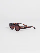 Lentes de sol con montura hexagonal color carey y lentes negras.