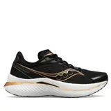 Championes de running Saucony Endorphin Speed, color negro con detalles dorados y suela blanca.