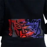 Canguro negro con capucha forrada en rojo, cierre frontal y logo de Caterpillar estampado en la manga izquierda.