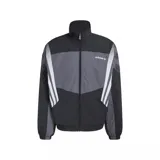 Campera deportiva Adidas modelo Santiago Track Top, con diseño de bloques de color en negro y gris. Presenta cierre frontal completo, cuello alto, puños elásticos y las icónicas tres tiras de la marca en color blanco a lo largo de las mangas. Incluye el logo del trébol de Adidas bordado en el pecho.