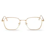 Lentes de lectura con armazón metálico color dorado de forma cuadrada con bordes redondeados.