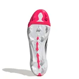 Championes de fútbol Adidas Predator League para terreno firme, con diseño de lengua plegable. Presentan una combinación de colores fucsia vibrante, blanco y detalles en negro, incluyendo las icónicas tres tiras laterales.