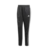 Pantalón deportivo Adidas Tiro 25 Essentials de corte ajustado, color negro con las icónicas tres tiras blancas laterales. Cuenta con pretina elástica con cordón de ajuste, bolsillos laterales con cierre y tecnología AEROREADY para mayor transpirabilidad.