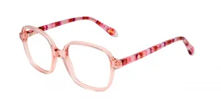 Armazón de acetato color rosa claro, con forma cuadrada y patillas estampadas en tonos rosa y rojo.