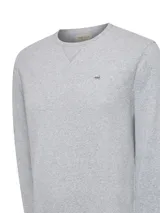 Buzo de cuello redondo color gris melange, con mangas largas y terminaciones en rib en puños y cintura. Presenta un pequeño parche bordado con forma de pato en el pecho.