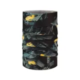 Cuello multifuncional Buff Coolnet Uv Okisa con estampado de hojas de palmera en tonos verde, amarillo y negro.