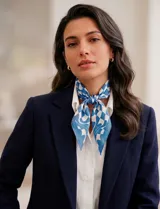 Pañuelo de satén Do Everything In Love, de diseño cuadrado con estampado geométrico abstracto en tonos azul y blanco.