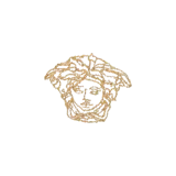 Chomba negra de manga corta con cierre frontal de tres botones, cuello con diseño geométrico Greca en tonos beige y negro, y detalle de Medusa bordada en el pecho.