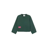 Sweater de punto verde oscuro Eme Studios modelo Rougher Forest Knit, con diseño de paneles texturizados combinados, cuello redondo y parche bordado en contraste.