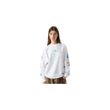 Remera de manga larga blanca de Eme Studios, con cuello redondo, pequeño logo estampado en el pecho y gráficos estampados a lo largo de las mangas en tonos azul y rojo.