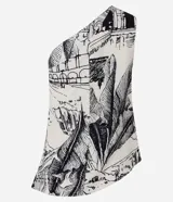 Blusa sin mangas confeccionada en viscolino con 19% de lino, con bretel ancho, escote hombro único, bajo asimétrico y estampa ilustrada del Parque Lage.