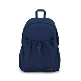 Mochila Jansport azul marino con dos compartimentos, uno principal y otro frontal con cierre de cordón ajustable. Tiene dos bolsillos laterales elásticos y asa de mano en la parte superior.