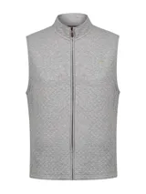 Chaleco gris melange con textura acolchada de rombos, cuello alto y cierre frontal con cremallera.