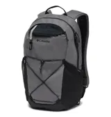 Mochila compacta de 16 litros marca Columbia, color gris con detalles en negro. Cuenta con almacenamiento externo con correas elásticas, dos bolsillos laterales de malla para botellas, compartimento para computadora portátil de hasta 13 pulgadas, espalda y correas acolchadas, bolsillo externo con cremallera, clip para llaves y bolsillo forrado para gafas.