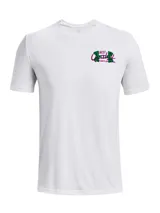 Remera de manga corta Under Armour, color blanco, con cuello redondo acanalado y pequeño estampado gráfico en el pecho.