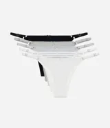 Kit de cinco bombachas tipo colaless confeccionadas en algodón con elastano. Presentan laterales finos ajustables y un pequeño lazo decorativo en el frente. El set incluye colores variados como negro, gris melange, blanco y tonos neutros.