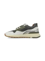 Sneaker de cuero con diseño deportivo, confeccionado en una combinación de tonos verde militar, marrón y off-white, con suela dentada de goma.