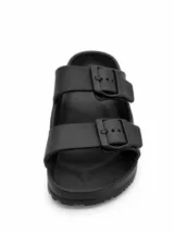 Sandalias de dos tiras negras con hebillas ajustables, plantilla anatómica y diseño ergonómico.