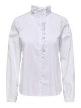 Camisa blanca de manga larga con cuello alto fruncido y tapeta de botones frontal adornada con volantes verticales.
