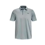 Polo deportivo Under Armour Tech para hombre, color gris claro, de manga corta, con cuello y tapeta de tres botones. Presenta el logo de Under Armour en el pecho izquierdo.