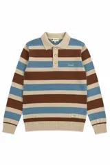 Buzo tejido de punto grueso con diseño de rayas horizontales en tonos marrón, azul y beige. Presenta cuello polo con cierre de tres botones, puños y cintura en canalé, y logo bordado en el pecho.