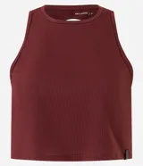 Musculosa deportiva Get Over de microfibra texturizada color bordó, con cuello redondo, corte boxy y abertura circular en la espalda.