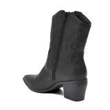 Bota texana de caña media, confeccionada en cuero sintético negro, con diseño de costuras decorativas en la caña, taco cuadrado y punta fina.