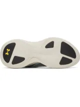 Championes deportivos Under Armour modelo Echo, con diseño técnico y moderno. Presentan una parte superior translúcida multicapa con malla transpirable, sistema de cierre de cordones elásticos asimétricos y amortiguación reactiva UA HOVR en la entresuela. El diseño combina tonos verde oscuro, blanco, amarillo y detalles en azul.