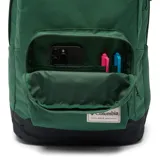 Mochila Columbia modelo Zigzag II de 30 litros, color verde, diseñada para uso urbano y actividades al aire libre. Cuenta con dos compartimentos principales, funda acolchada para computadora portátil, bolsillos para botellas de agua y detalles reflectantes.