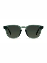 Lentes de sol con armazón cuadrado de policarbonato en color verde oliva traslúcido y cristales polarizados en tono verde oscuro.