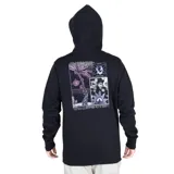 Canguro negro de algodón orgánico con capucha, cordones ajustables, bolsillo tipo canguro y logo estampado en el pecho.