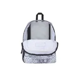 Mochila Jansport Cross Town con estampado de arcoíris, flores, soles y nubes en blanco y negro.