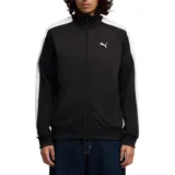 Campera deportiva Puma modelo T7 Track Jacket, color negro con franjas blancas en las mangas. Presenta cuello alto, cierre frontal completo y logo de la marca bordado en el pecho.