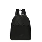 Mochila urbana Las Oreiro de color negro, con diseño acolchado que combina un patrón de rombos en la parte superior y líneas verticales en la parte inferior. Cuenta con cierre principal, asa superior y correas ajustables. Incluye un aplique metálico con el logo de la marca en el frente.