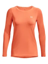 Remera de manga larga Under Armour de alto rendimiento, confeccionada en tejido HeatGear de secado rápido y tecnología absorbente de sudor. Presenta un diseño ajustado con cuello redondo y textura microperforada, ideal para entrenamiento.