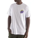 Remera de manga corta color gris claro con un pequeño estampado frontal en el pecho izquierdo. El estampado presenta un cráneo amarillo con el texto "SANTA CRUZ" en letras moradas con efecto rugoso.