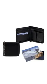 Billetera negra de símil cuero con cierre perimetral, doble compartimento para billetes, tarjetero integrado y bolsillo interno para monedas.