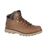 Bota de cuero color marrón con diseño de caña media, cordones frontales con ganchos metálicos y suela de goma dentada para mayor tracción.