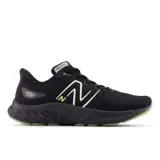 Championes de running New Balance modelo Fresh Foam X Evoz V3, color negro con logo 'N' en blanco y detalles en verde lima. Presentan una entresuela gruesa con textura y suela exterior de goma en verde lima.