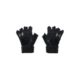Guantes Under Armour para levantamiento de pesas, color negro, sin dedos, con cierre de velcro en la muñeca y el logo de la marca impreso en el dorso.