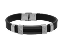 Pulsera negra de goma con apliques de acero plateado con diseño de guarda griega.